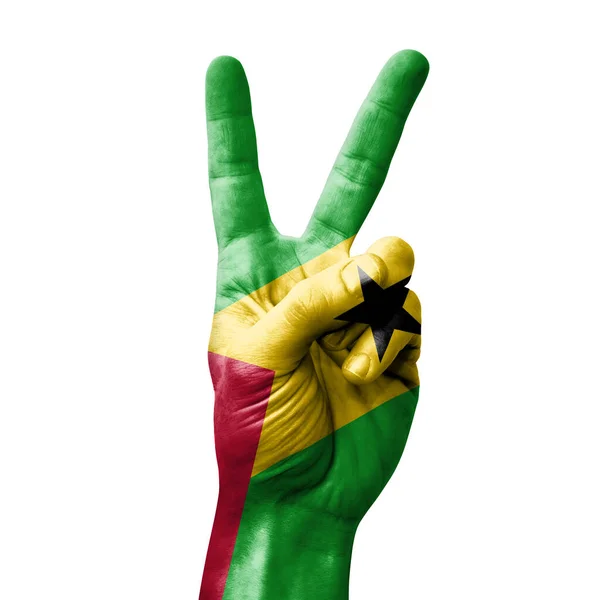 Hand Making Victory Sign Flag Sao Tome Principe — Fotografia de Stock