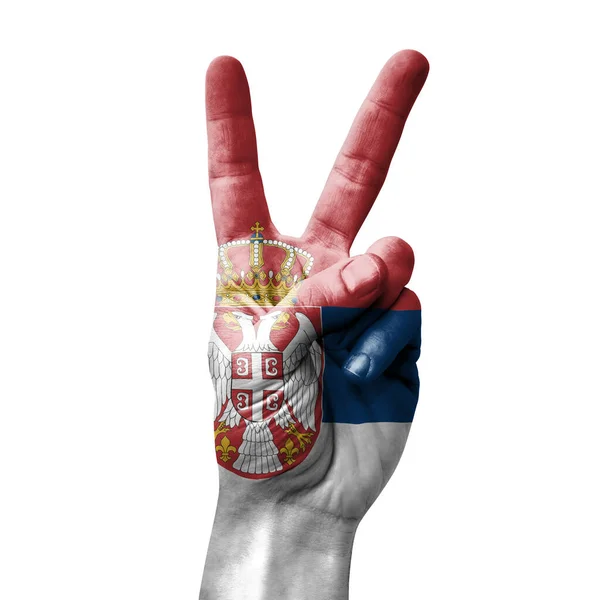 Руки Роблять Знак Перемоги Прапором Сербії — стокове фото
