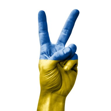 Hand making the V victory sign with flag of ukraine