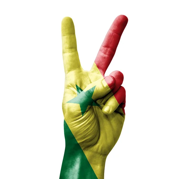 Hand Macht Das Siegeszeichen Mit Senegalesischer Flagge — Stockfoto