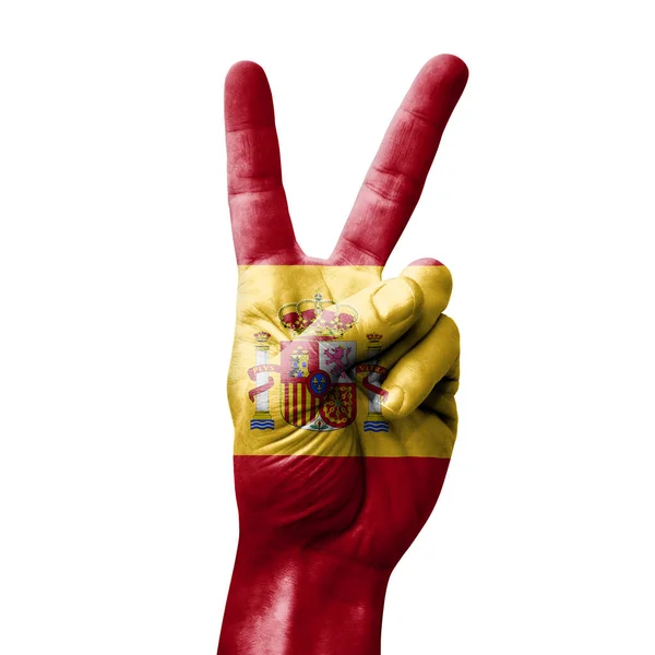 Ruku Znamení Vítězství Vlajkou Španělska — Stock fotografie
