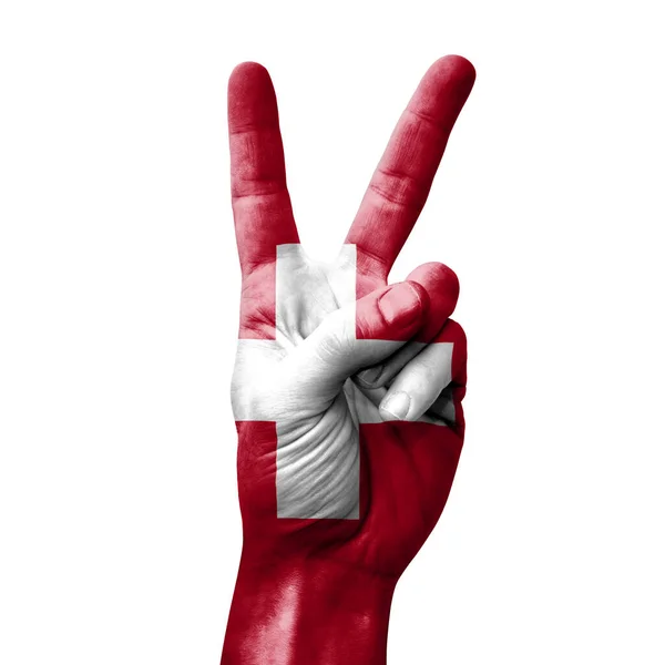 Hand Making Victory Sign Flag Switzerland — Stock Photo, Image