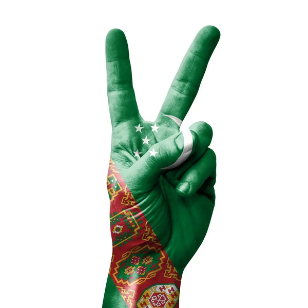 Hand Making Victory Sign Flag Turkmenistan — 스톡 사진