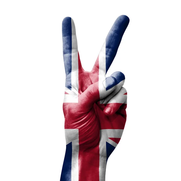 Χέρι Κάνει Σύμβολο Νίκη Σημαία Του Ηνωμένου Βασιλείου — Φωτογραφία Αρχείου