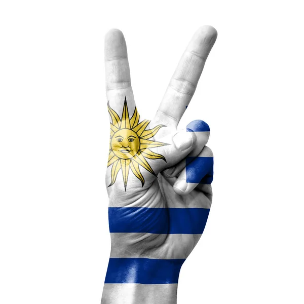 Hand Making Victory Sign Flag Uruguay — Foto Stock