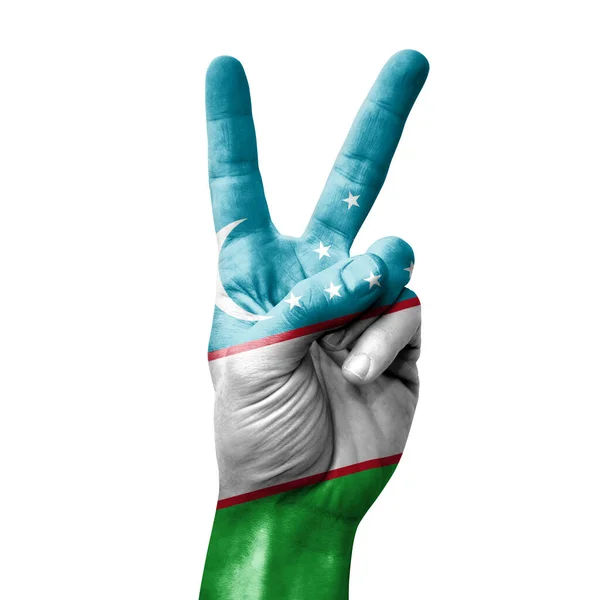 Hand Making Victory Sign Flag Uzbekistan — Foto Stock