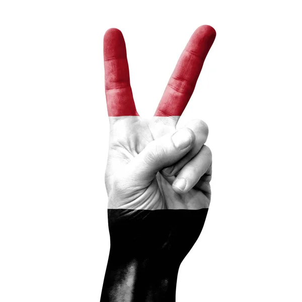Mão Fazendo Sinal Vitória Com Bandeira Iêmen — Fotografia de Stock