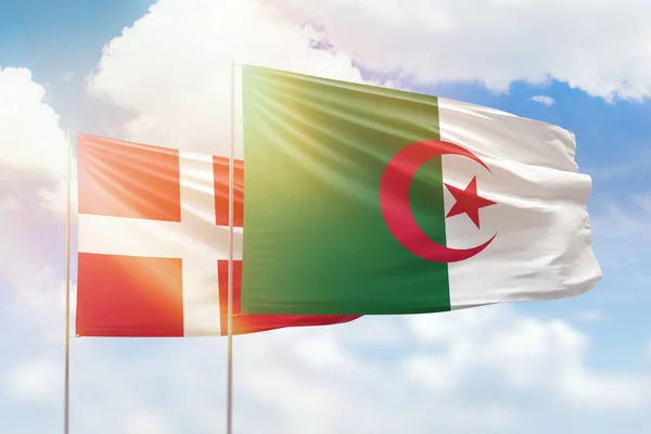 Sunny Blue Sky Flags Algeria Denmark — Fotografia de Stock