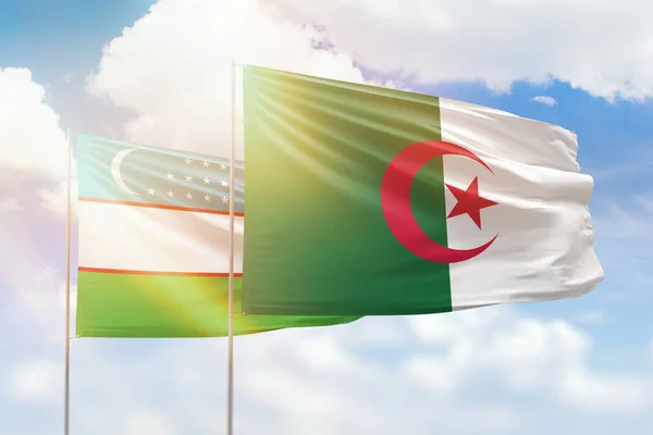 Sunny Blue Sky Flags Algeria Uzbekistan — Fotografia de Stock