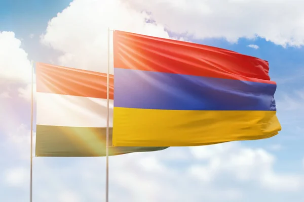 Sunny Blue Sky Flags Armenia Hungary — Zdjęcie stockowe