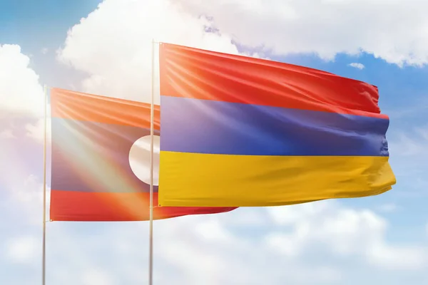 Sunny Blue Sky Flags Armenia Laos — Zdjęcie stockowe