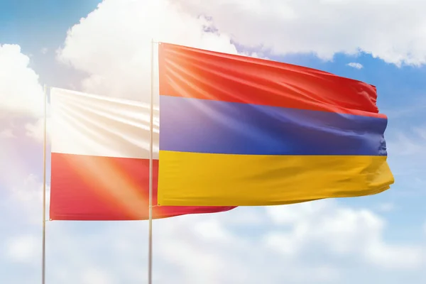 Sunny Blue Sky Flags Armenia Poland — Zdjęcie stockowe