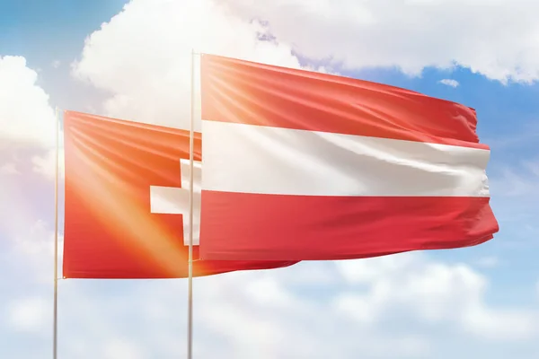 Sunny Blue Sky Flags Austria Switzerland — Stock fotografie