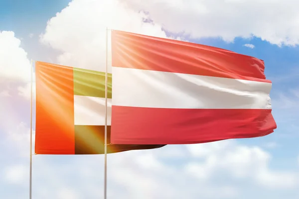 Sunny Blue Sky Flags Austria Uae — Stock fotografie