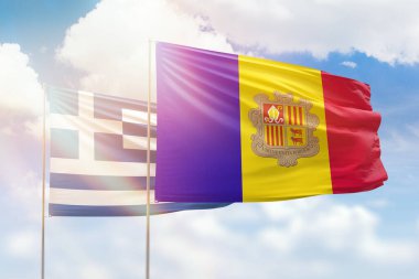 Sunny blue sky and flags of andorra and greece