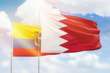 Sunny blue sky and flags of bahrain and ecuador