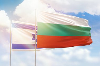 Sunny blue sky and flags of bulgaria and israel