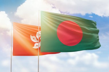 Sunny blue sky and flags of bangladesh and hong kong