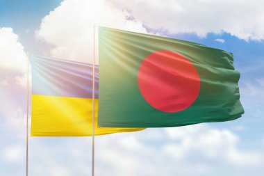 Sunny blue sky and flags of bangladesh and ukraine
