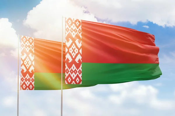 Sunny Blue Sky Flags Belarus Belarus — Zdjęcie stockowe