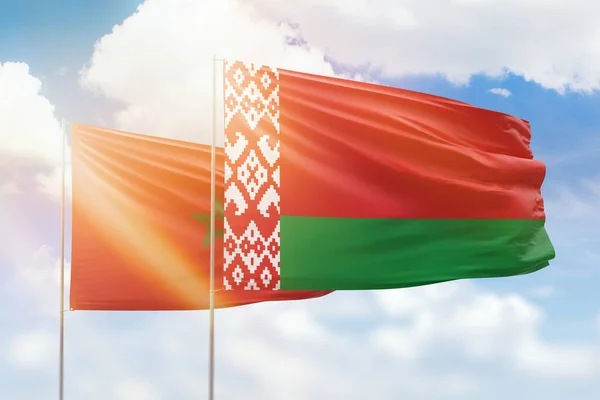 Sunny Blue Sky Flags Belarus Morocco — Stock fotografie