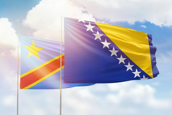 Sunny Blue Sky Flags Bosnia Congo — 图库照片