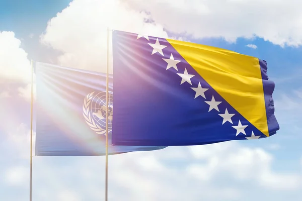Sunny Blue Sky Flags Bosnia United Nations — 图库照片
