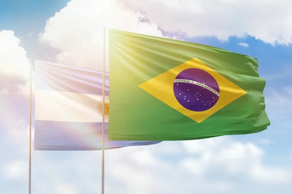 Sunny Blue Sky Flags Brazil Argentina — стоковое фото