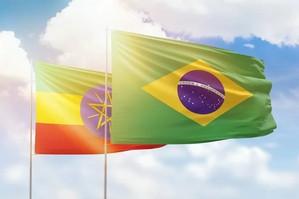 Sunny Blue Sky Flags Brazil Ethiopia — Stock Fotó