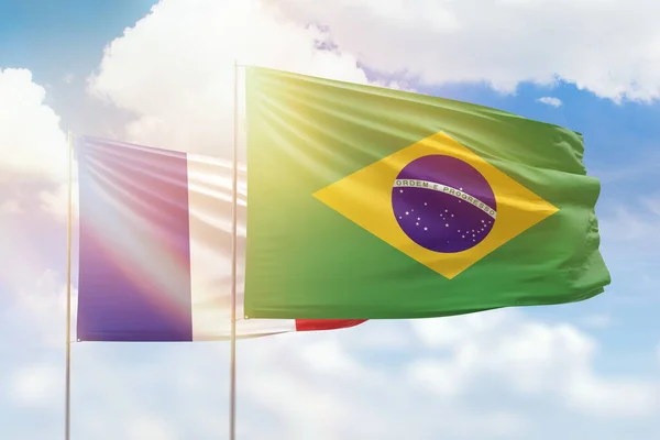 Sunny Blue Sky Flags Brazil France — Photo
