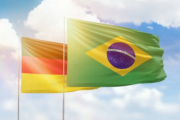 Sunny Blue Sky Flags Brazil Germany — стоковое фото