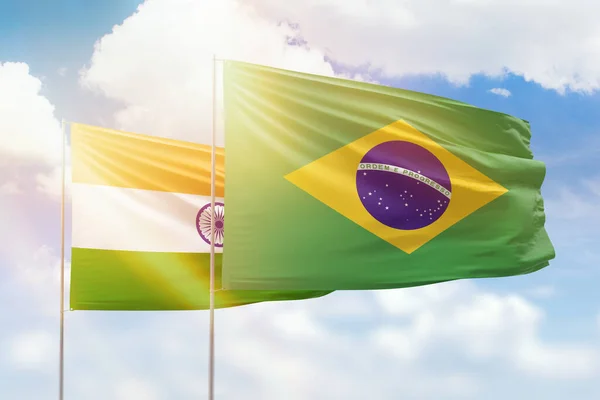 Sunny Blue Sky Flags Brazil India — Photo