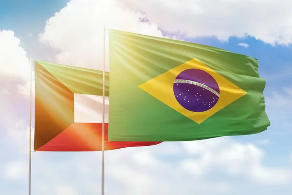 Sunny Blue Sky Flags Brazil Kuwait — Foto de Stock