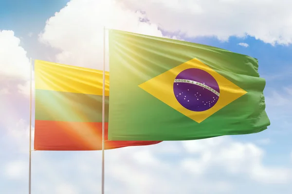 Sunny Blue Sky Flags Brazil Lithuania — стоковое фото