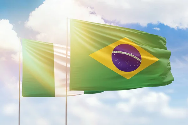 Sunny Blue Sky Flags Brazil Nigeria — Photo