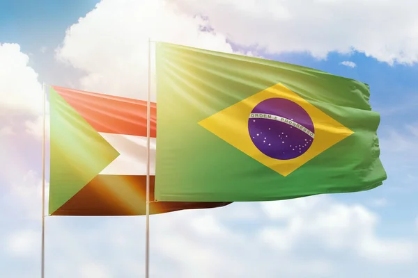 Sunny Blue Sky Flags Brazil Sudan — Foto de Stock