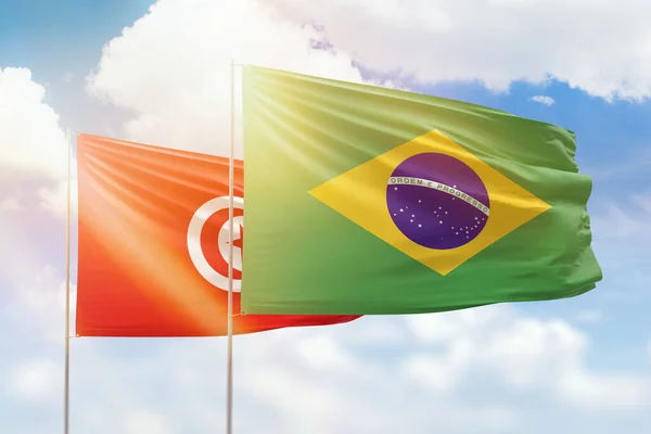 Sunny Blue Sky Flags Brazil Tunisia — Foto Stock