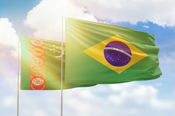 Sunny Blue Sky Flags Brazil Turkmenistan — стоковое фото