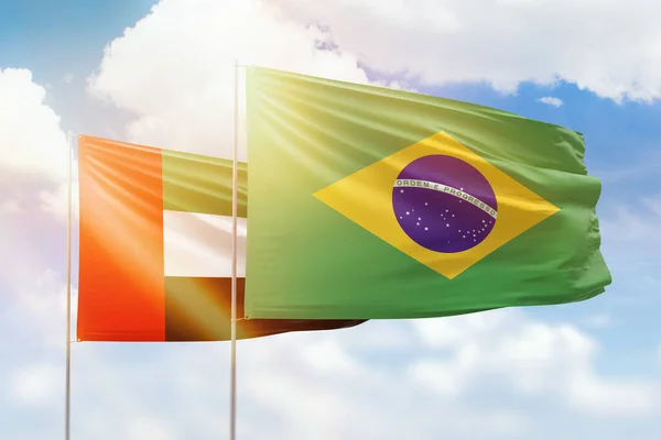 Sunny Blue Sky Flags Brazil Uae — Stock Fotó