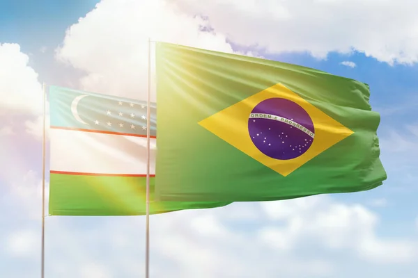 Sunny Blue Sky Flags Brazil Uzbekistan — Foto de Stock