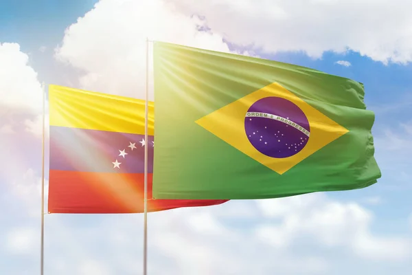 Sunny Blue Sky Flags Brazil Venezuela — Photo