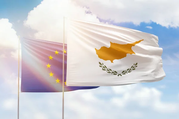 Sunny Blue Sky Flags Cyprus European Union — Stock Photo, Image
