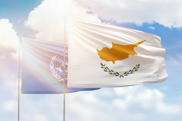 Sunny Blue Sky Flags Cyprus United Nations — 图库照片
