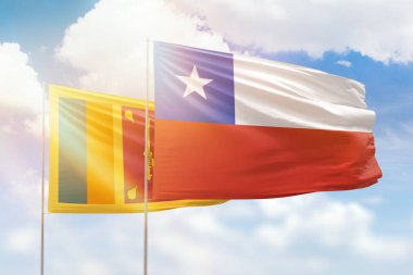 Sunny blue sky and flags of chile and sri lanka