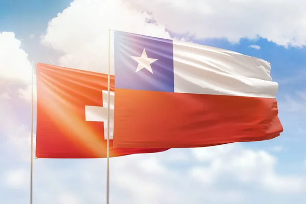 Sunny Blue Sky Flags Chile Switzerland — Stockfoto