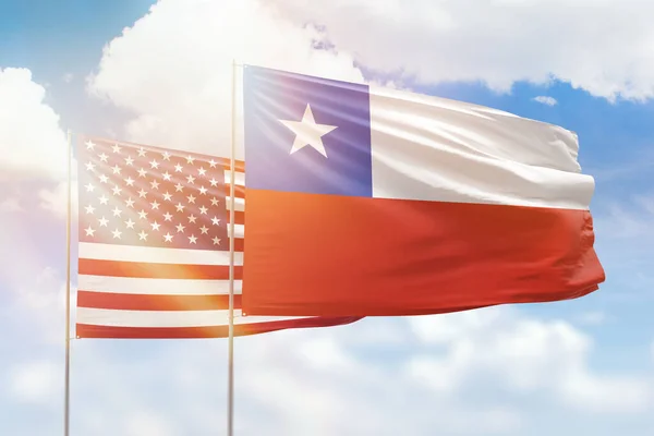 Sunny Blue Sky Flags Chile Usa — Stockfoto