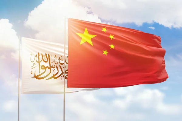 Sunny Blue Sky Flags China Afghanistan — стоковое фото