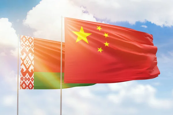 Sunny Blue Sky Flags China Belarus — Stock fotografie