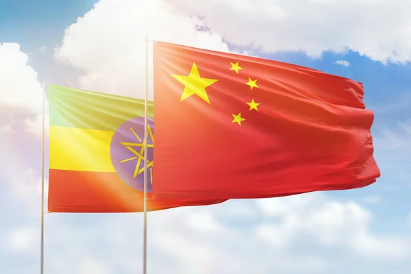 Sunny Blue Sky Flags China Ethiopia — Stock fotografie