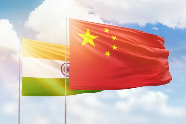 Sunny Blue Sky Flags China India — Photo